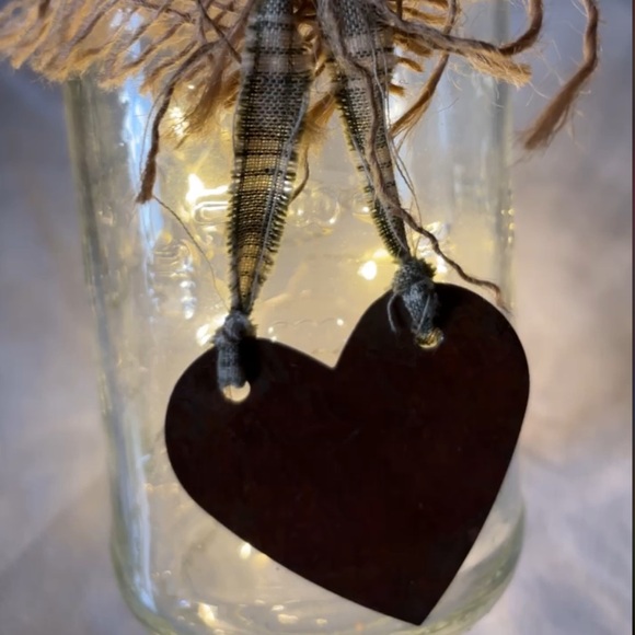 Light Up Decor Rustic Farmhouse 20 oz Glass Decorative Jar Rusty Heart Burlap - Picture 3 of 8